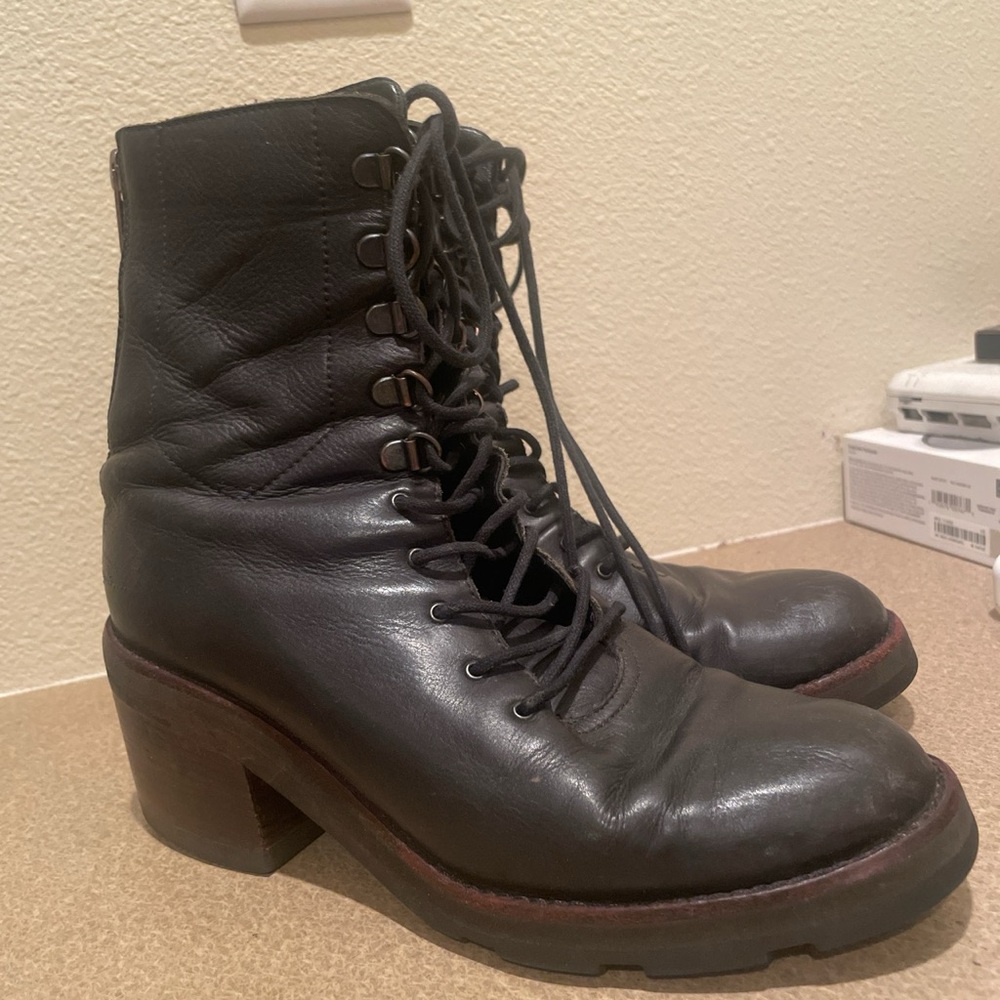 Black Leather Zip Up / Lace-Up Combat Boots